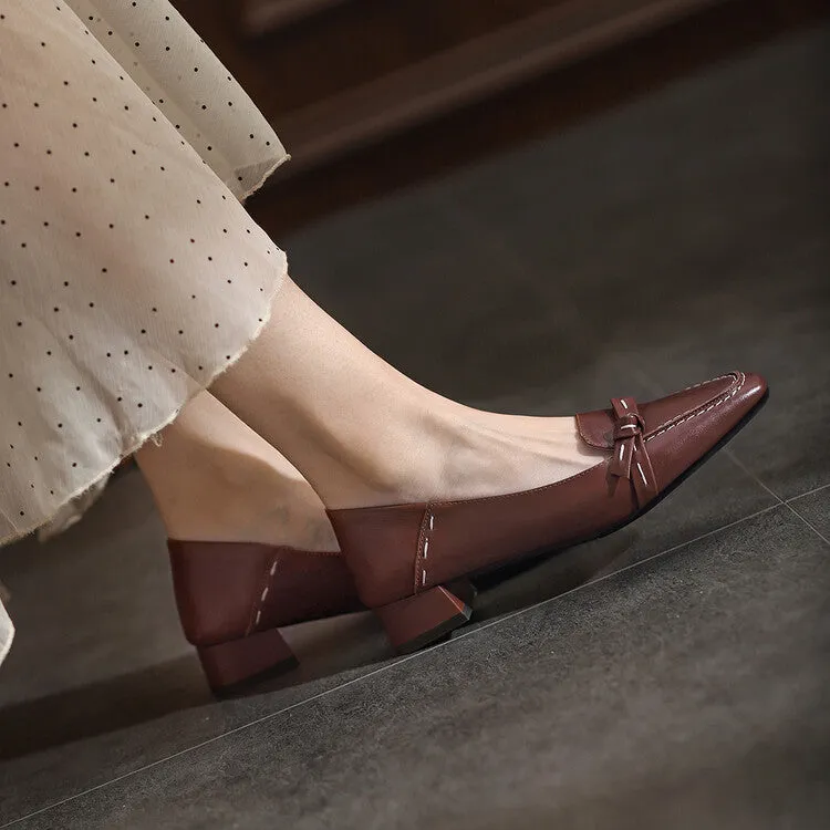 Ladies Square Toe Leather Bow Detail Block Low Heel Loafers