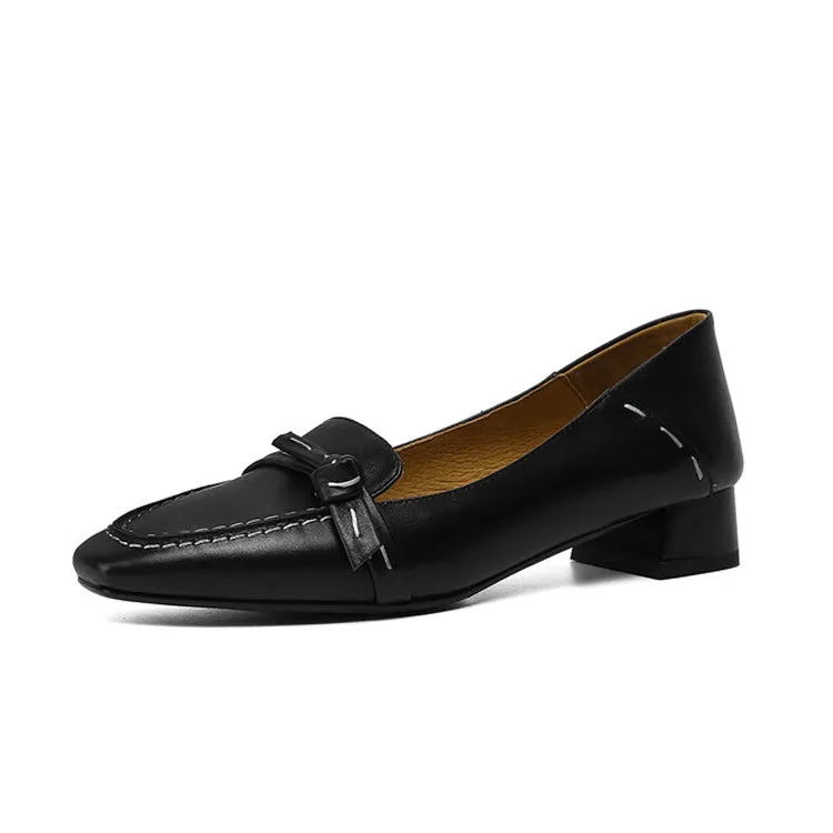 Ladies Square Toe Leather Bow Detail Block Low Heel Loafers