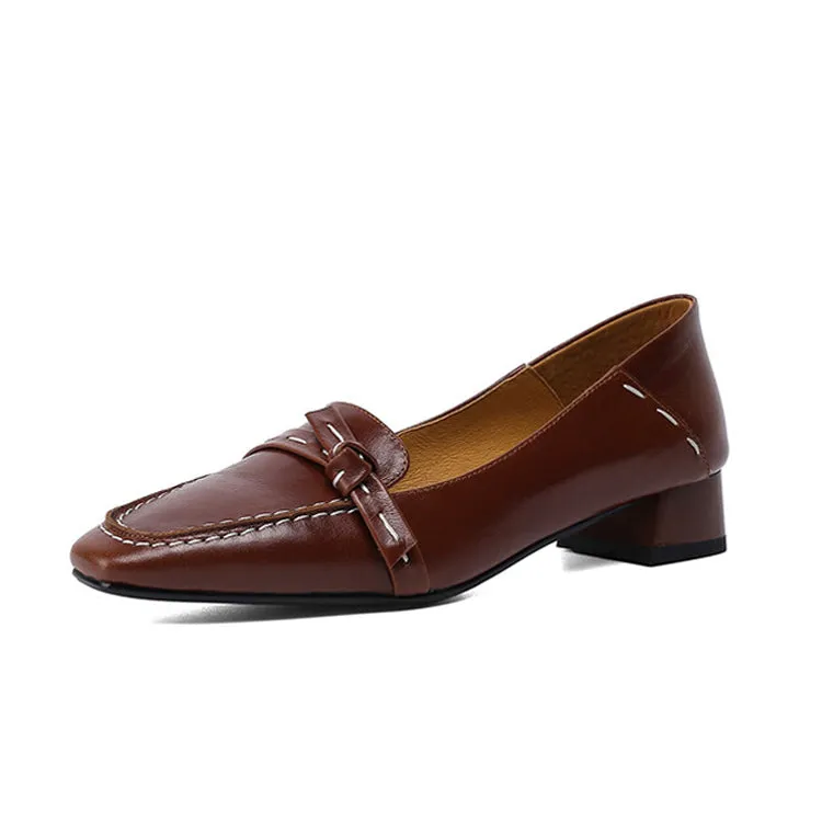 Ladies Square Toe Leather Bow Detail Block Low Heel Loafers