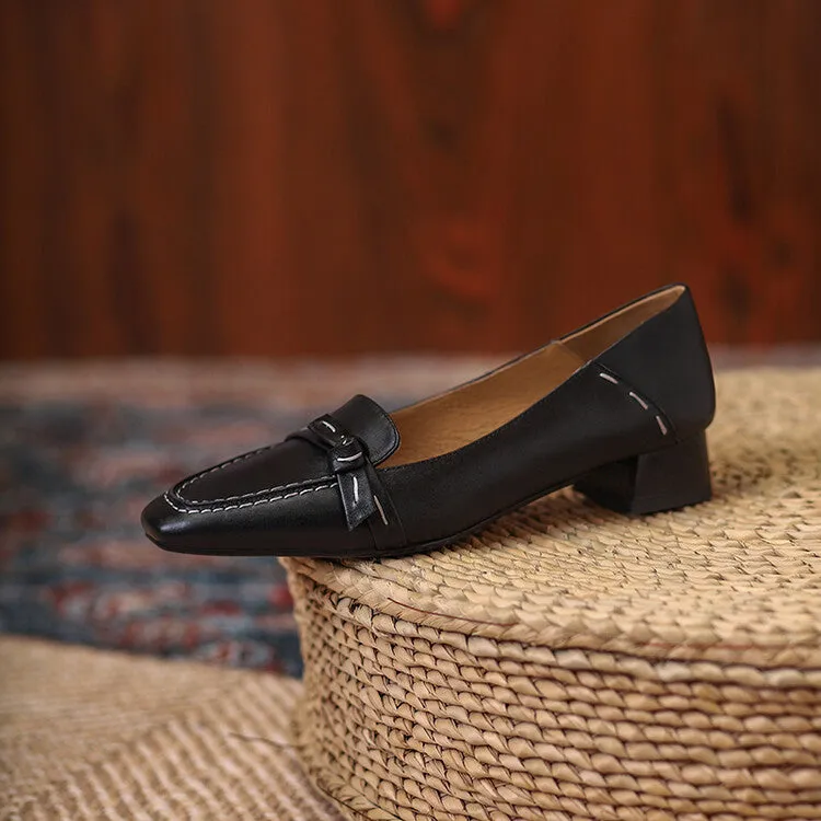 Ladies Square Toe Leather Bow Detail Block Low Heel Loafers