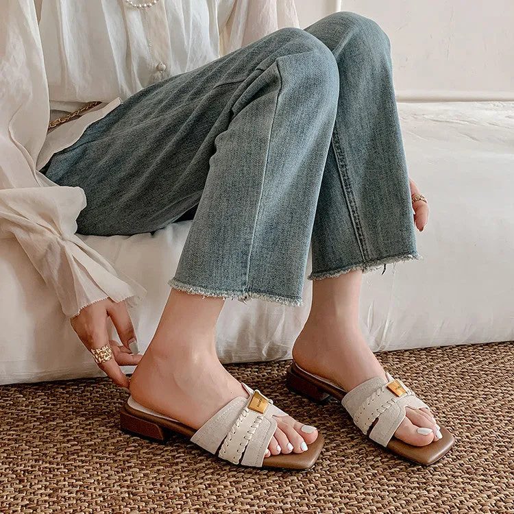 LADIES SQUARE TOE LOW HEEL SLIDE SANDALS