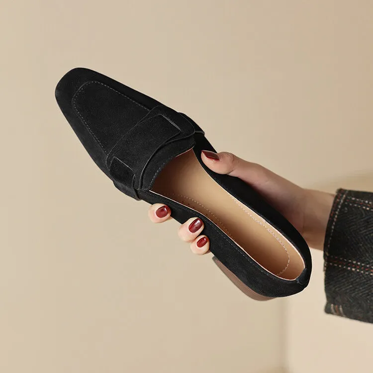 Ladies Square Toe Suede Block Heel Loafers