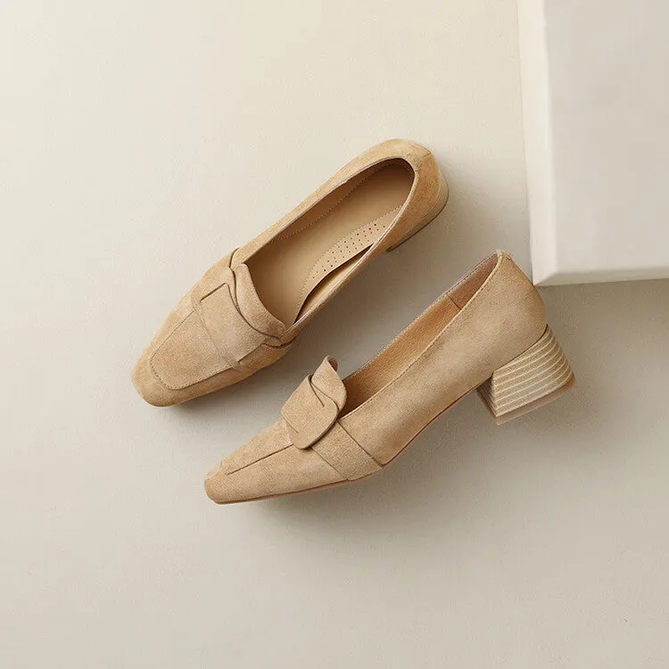 Ladies Square Toe Suede Block Heel Loafers