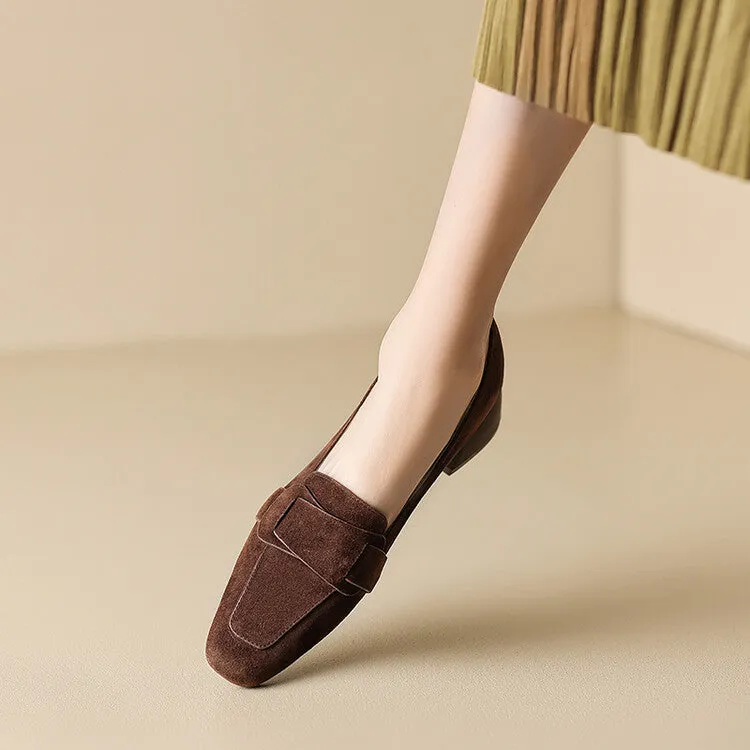Ladies Square Toe Suede Block Heel Loafers