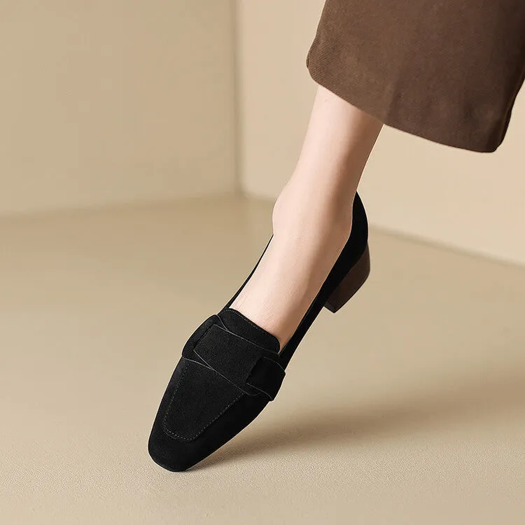 Ladies Square Toe Suede Block Heel Loafers