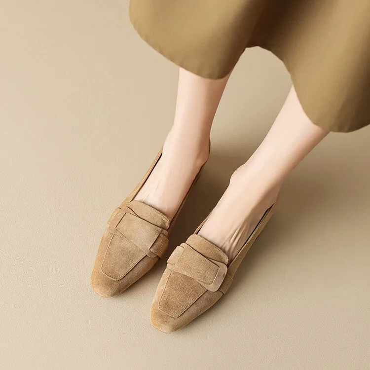 Ladies Square Toe Suede Block Heel Loafers