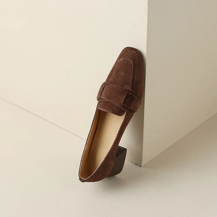 Ladies Square Toe Suede Block Heel Loafers