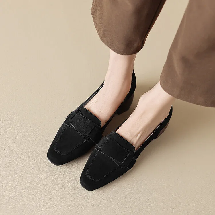 Ladies Square Toe Suede Block Heel Loafers