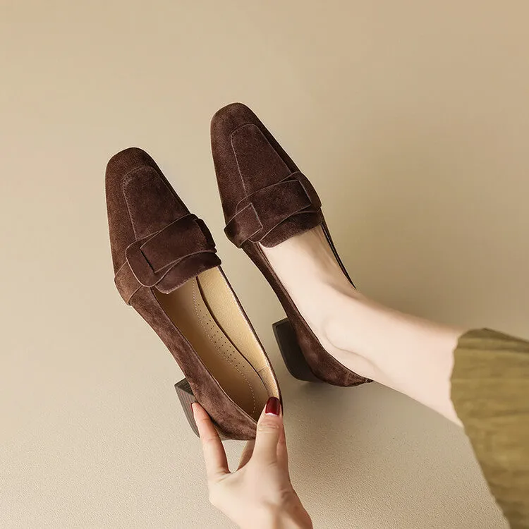 Ladies Square Toe Suede Block Heel Loafers