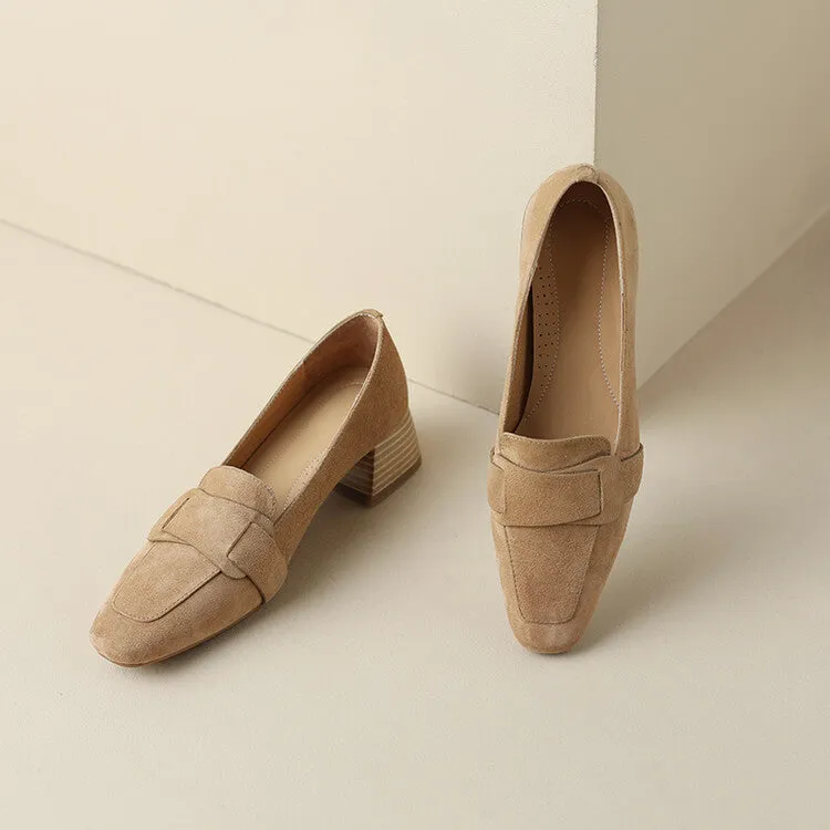 Ladies Square Toe Suede Block Heel Loafers