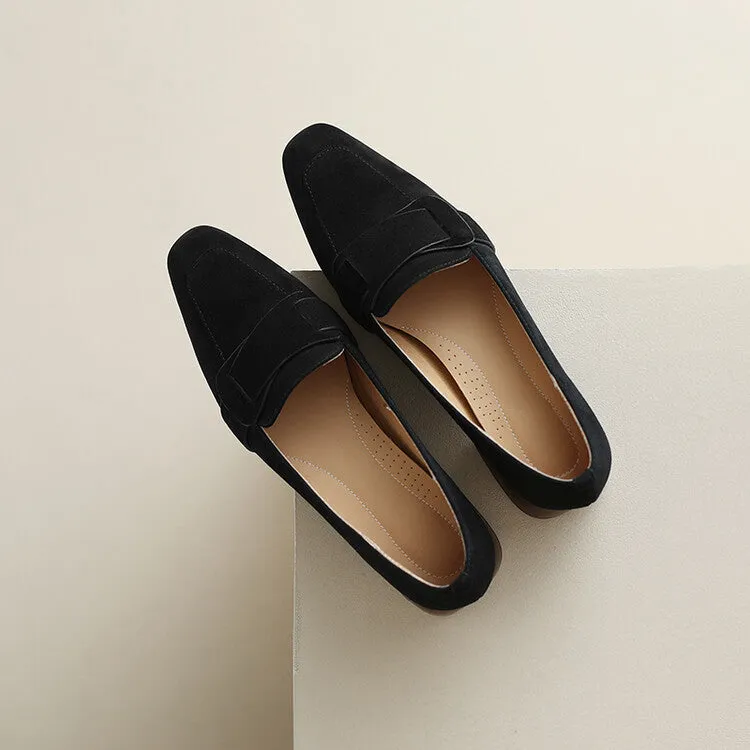Ladies Square Toe Suede Block Heel Loafers