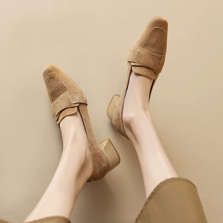 Ladies Square Toe Suede Block Heel Loafers