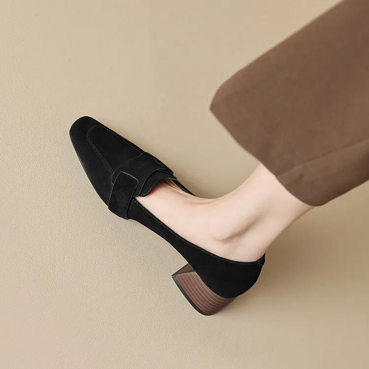 Ladies Square Toe Suede Block Heel Loafers
