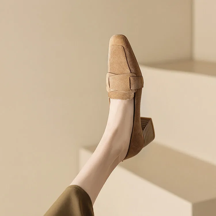 Ladies Square Toe Suede Block Heel Loafers