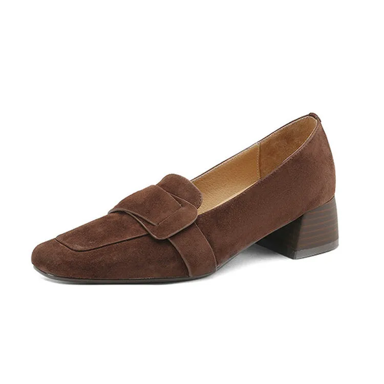 Ladies Square Toe Suede Block Heel Loafers