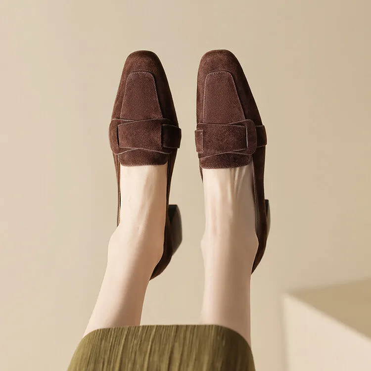 Ladies Square Toe Suede Block Heel Loafers