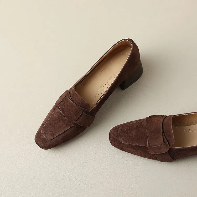 Ladies Square Toe Suede Block Heel Loafers