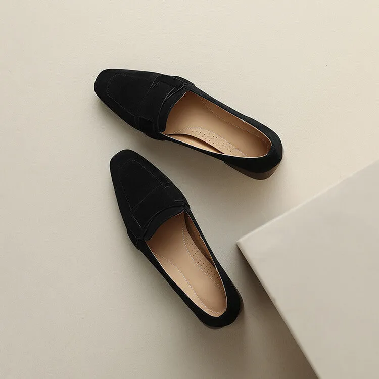 Ladies Square Toe Suede Block Heel Loafers