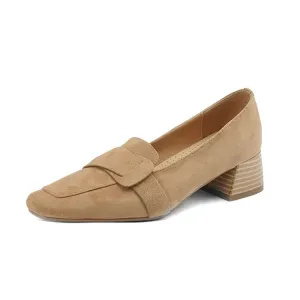 Ladies Square Toe Suede Block Heel Loafers