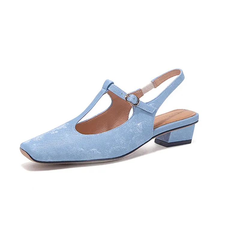 Ladies Square Toe T-Strap Block Low Heel Slingback Pumps