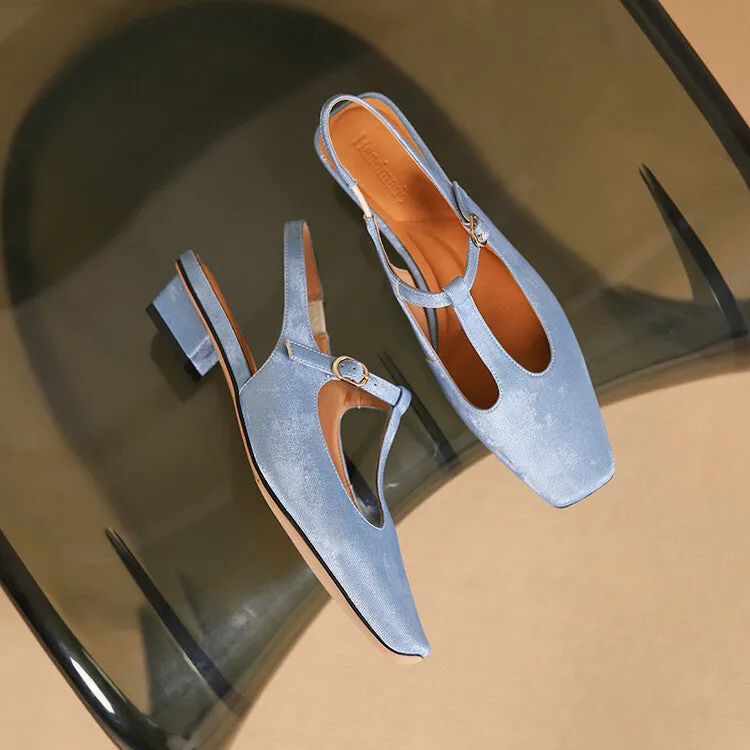Ladies Square Toe T-Strap Block Low Heel Slingback Pumps