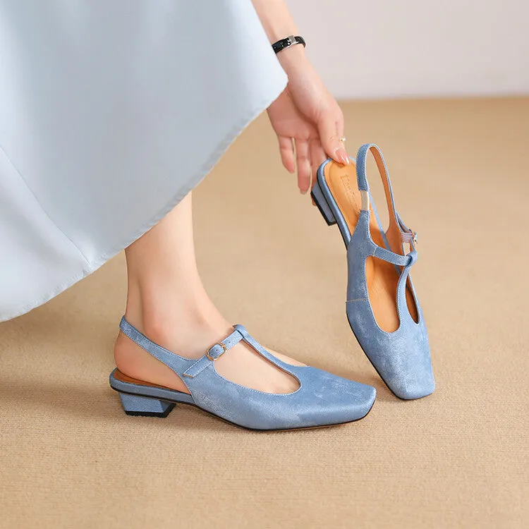 Ladies Square Toe T-Strap Block Low Heel Slingback Pumps