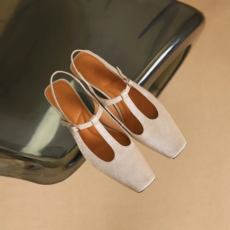 Ladies Square Toe T-Strap Block Low Heel Slingback Pumps