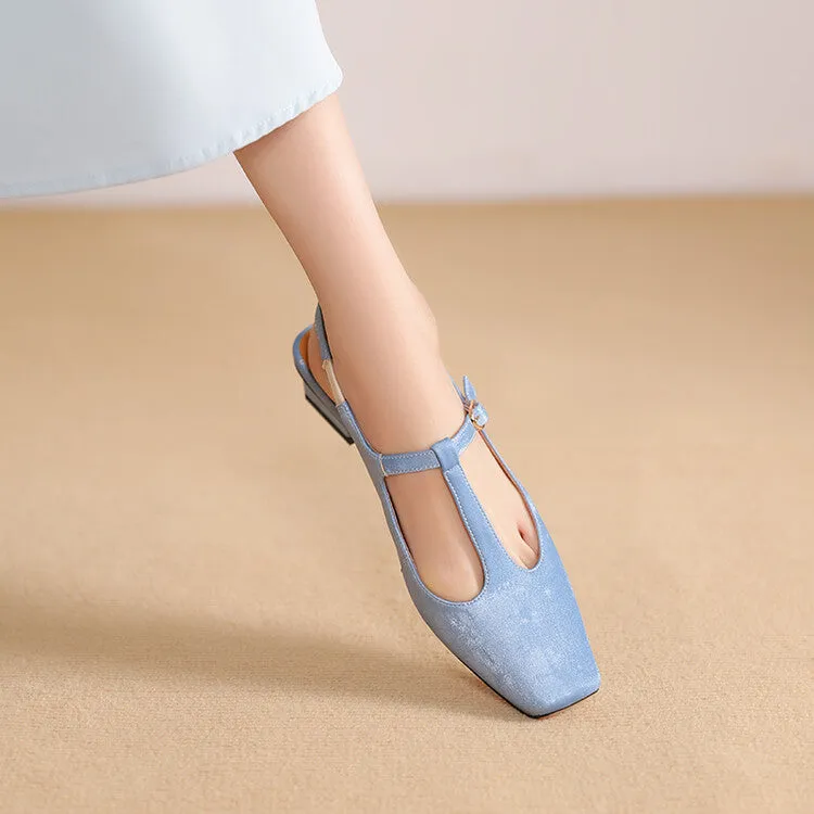 Ladies Square Toe T-Strap Block Low Heel Slingback Pumps