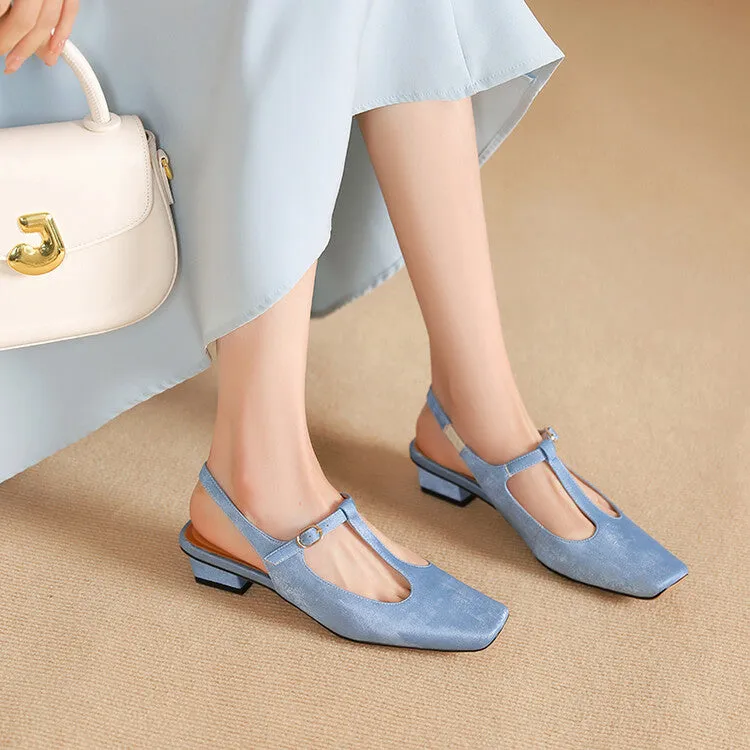 Ladies Square Toe T-Strap Block Low Heel Slingback Pumps