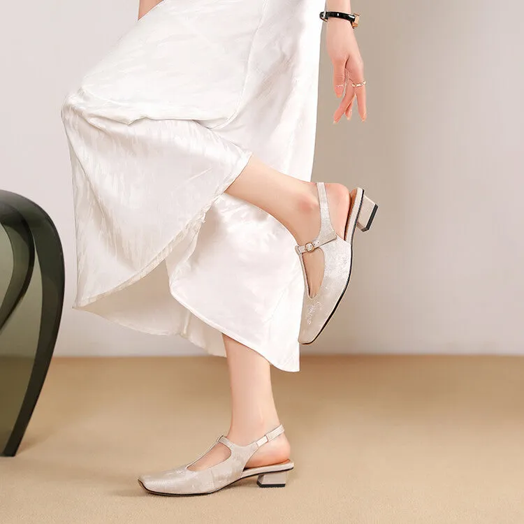 Ladies Square Toe T-Strap Block Low Heel Slingback Pumps