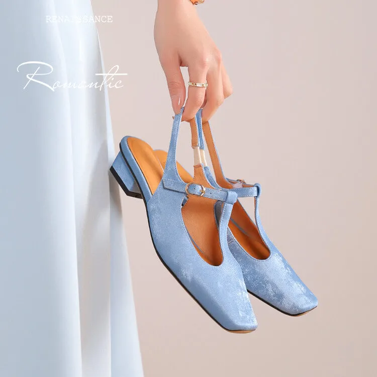 Ladies Square Toe T-Strap Block Low Heel Slingback Pumps