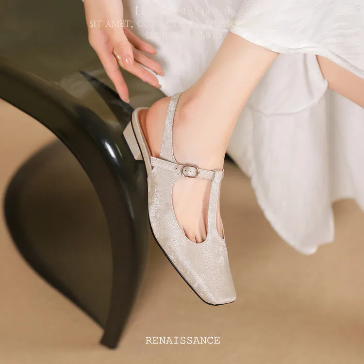 Ladies Square Toe T-Strap Block Low Heel Slingback Pumps