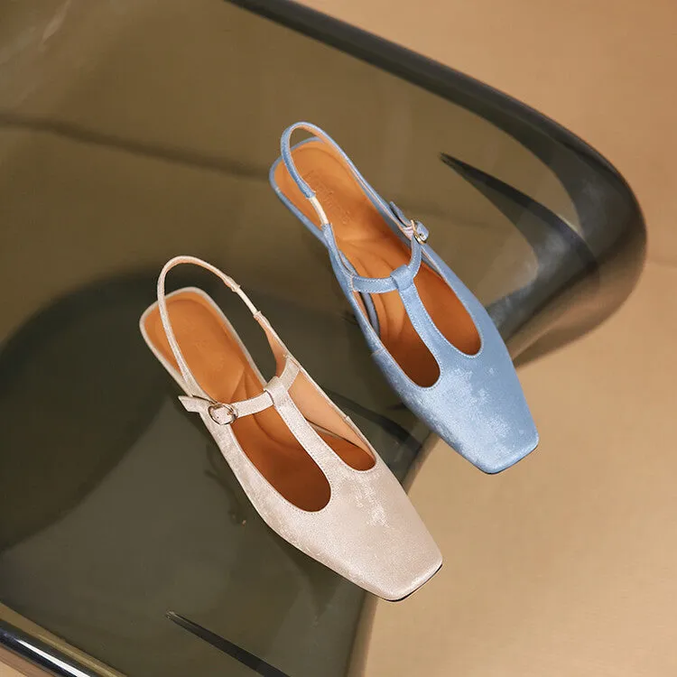 Ladies Square Toe T-Strap Block Low Heel Slingback Pumps