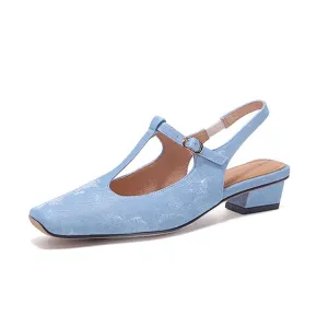 Ladies Square Toe T-Strap Block Low Heel Slingback Pumps