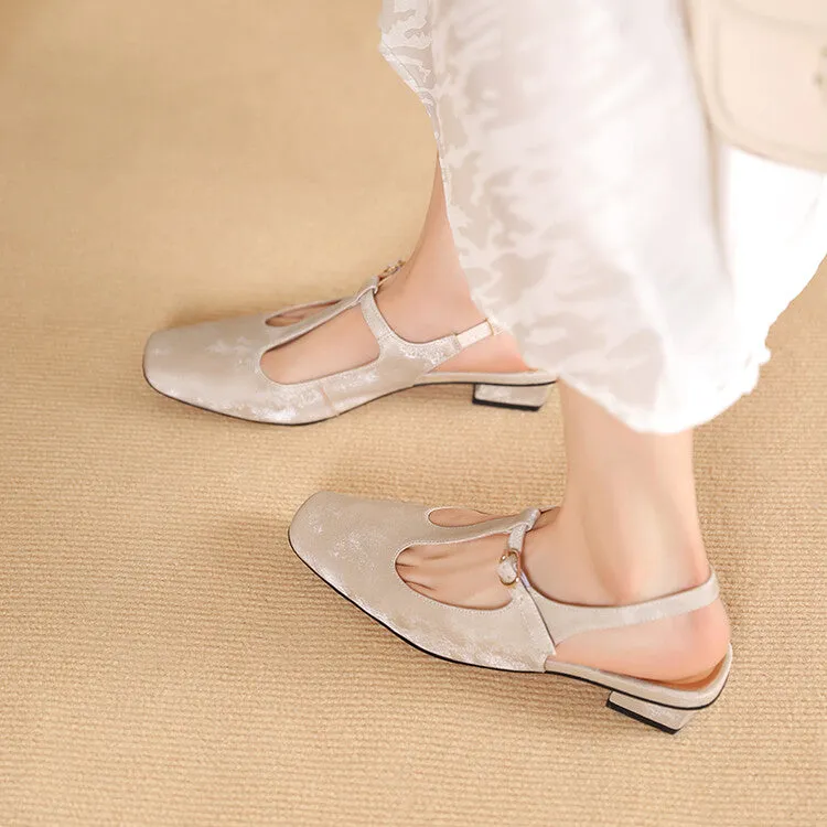 Ladies Square Toe T-Strap Block Low Heel Slingback Pumps