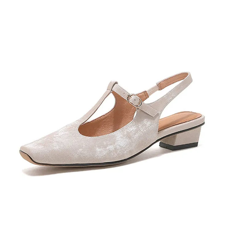Ladies Square Toe T-Strap Block Low Heel Slingback Pumps