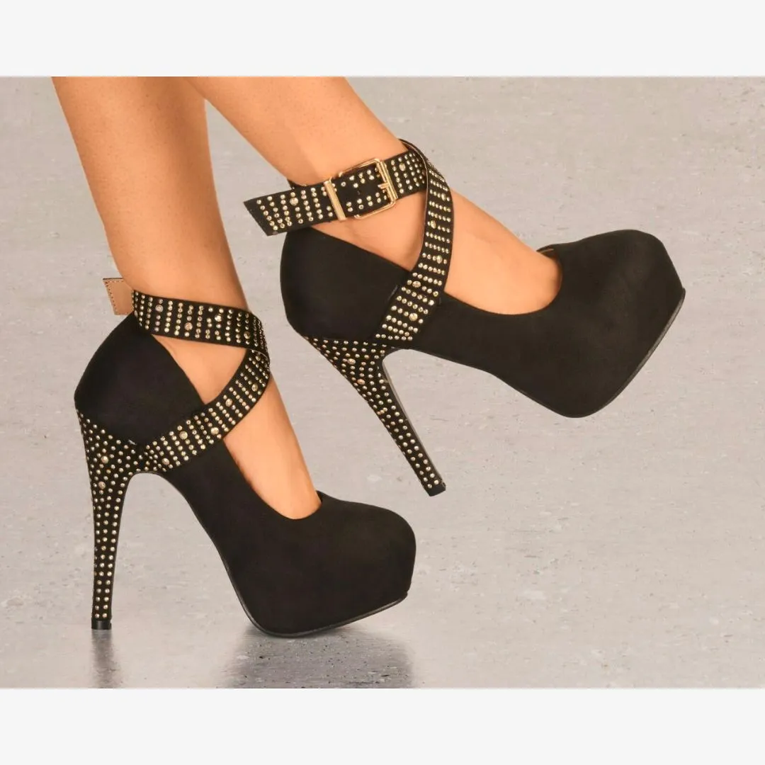 LADIES SUEDE PLATFORM HIGH HEELS DIAMANTE STUD ANKLE STRAP STRAPPY PARTY SHOES