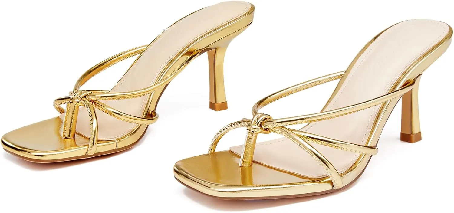 LAICIGO Women’s Square Open Toe Flip Flops Stiletto Heels Strappy Thong Slide on Slingback Mules Sandals