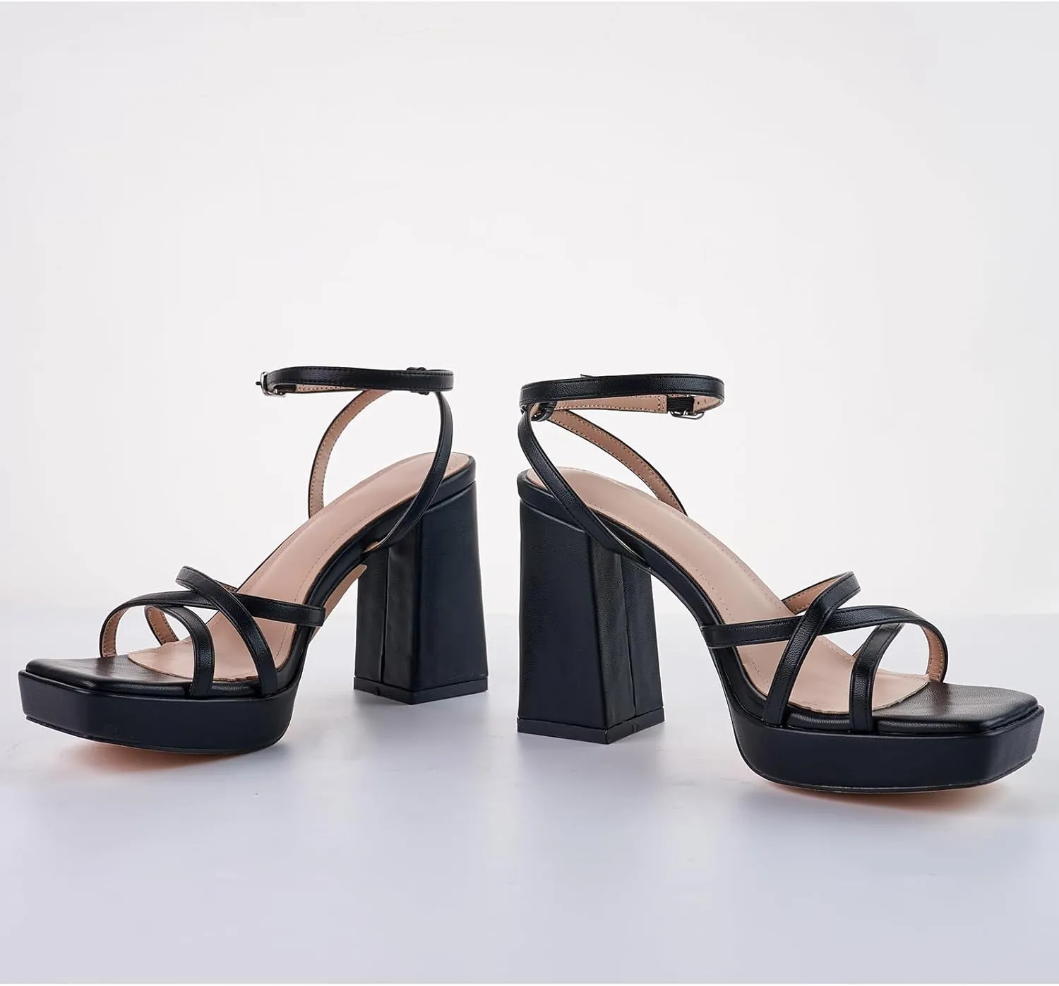 LALA IKAI Women's Platform Strappy Heels Chunky Block Heeled Sandals with Ankle Strap Square Open Toe for Wedding Party Y2K Dress Shoes