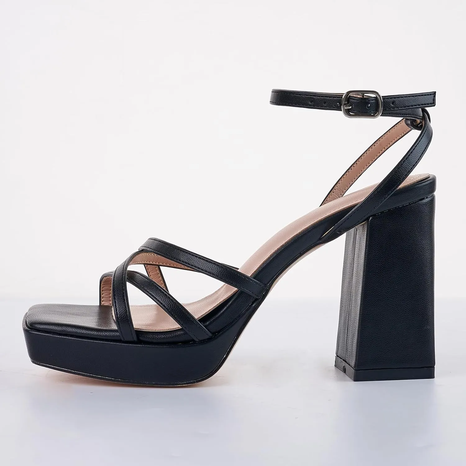 LALA IKAI Women's Platform Strappy Heels Chunky Block Heeled Sandals with Ankle Strap Square Open Toe for Wedding Party Y2K Dress Shoes