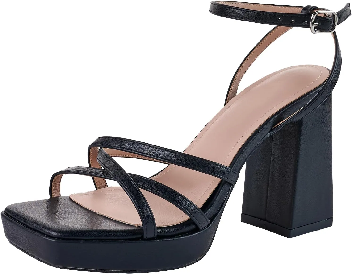 LALA IKAI Women's Platform Strappy Heels Chunky Block Heeled Sandals with Ankle Strap Square Open Toe for Wedding Party Y2K Dress Shoes