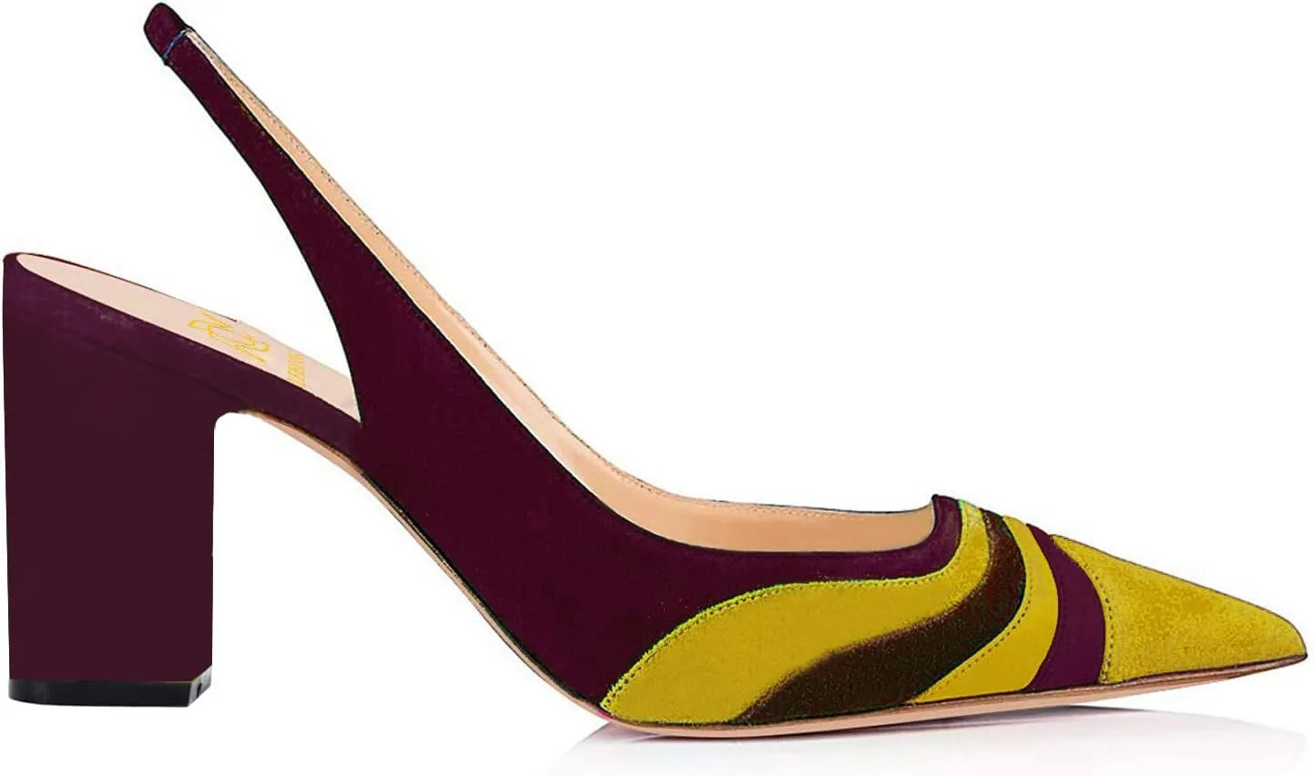 LEHOOR Women Rainbow Slingback Pumps Suede Chunky Block High Heel Dress Shoes Closed Pointed Toe Sandals Elastic Ankle Strap Office Work Shoe Multicolored Patchwork Wedding Party Prom Spring 4-13 M US