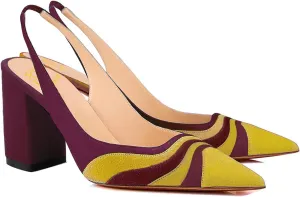 LEHOOR Women Rainbow Slingback Pumps Suede Chunky Block High Heel Dress Shoes Closed Pointed Toe Sandals Elastic Ankle Strap Office Work Shoe Multicolored Patchwork Wedding Party Prom Spring 4-13 M US
