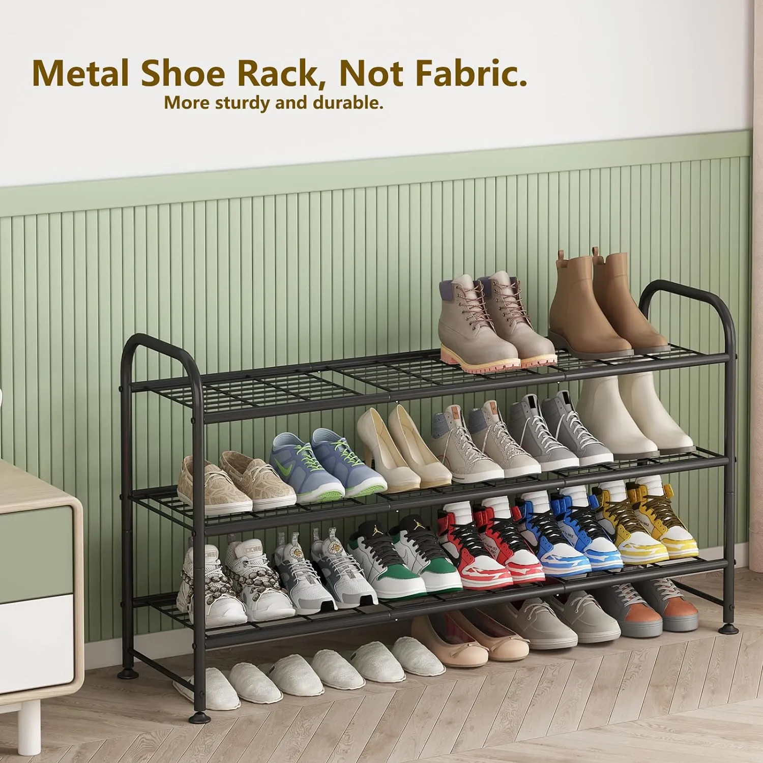 LINZINAR Shoe Rack 3 Tier Long Metal Shoe Organizer for Closet Entryway Black