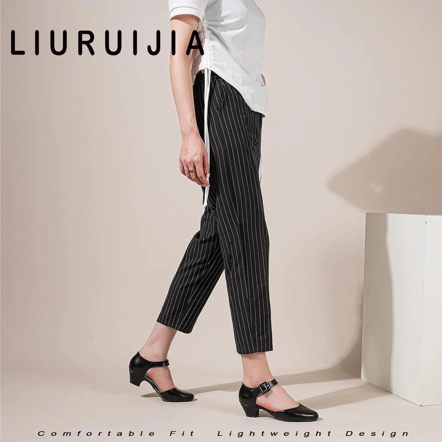 LIURUIJIA Women's Closed Toe Low Chunky Heel Pumps Ankle Strap Dress Shoes for Work Wedding Party Dance