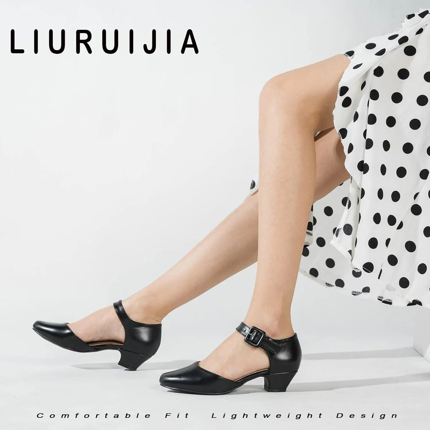 LIURUIJIA Women's Closed Toe Low Chunky Heel Pumps Ankle Strap Dress Shoes for Work Wedding Party Dance