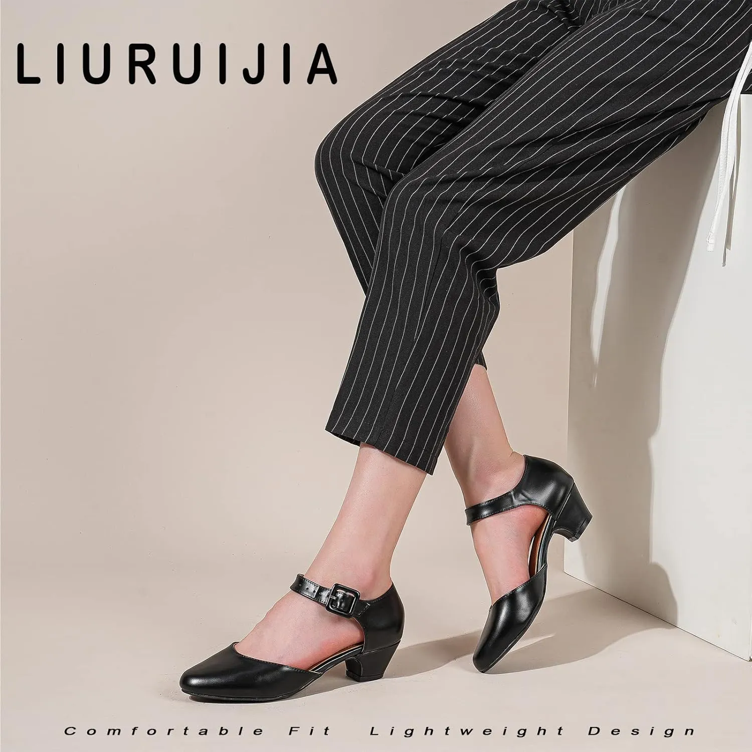 LIURUIJIA Women's Closed Toe Low Chunky Heel Pumps Ankle Strap Dress Shoes for Work Wedding Party Dance
