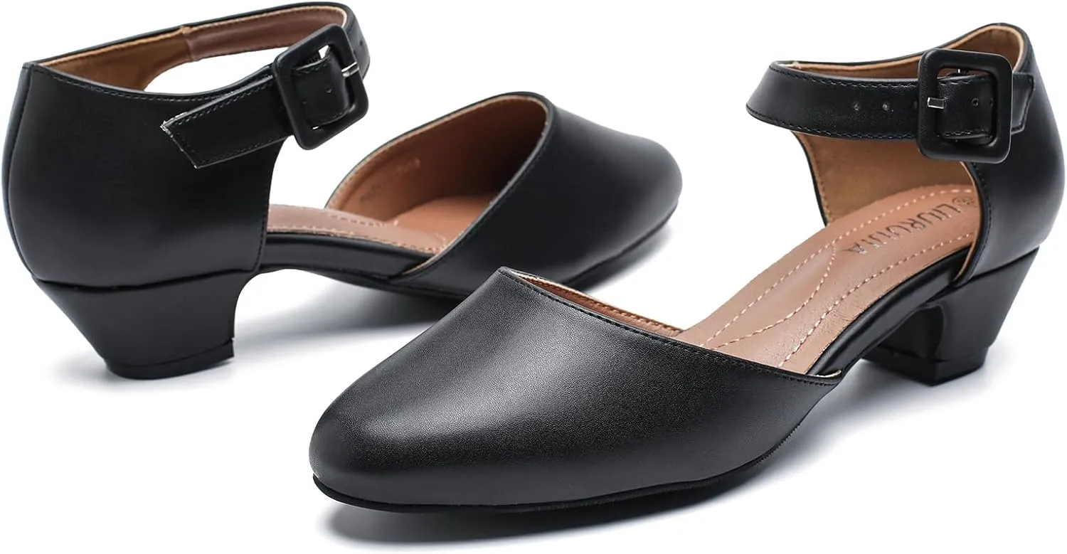 LIURUIJIA Women's Closed Toe Low Chunky Heel Pumps Ankle Strap Dress Shoes for Work Wedding Party Dance
