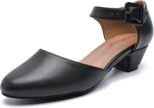 LIURUIJIA Women's Closed Toe Low Chunky Heel Pumps Ankle Strap Dress Shoes for Work Wedding Party Dance