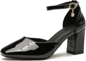 LizFoYa Women Glossy Dress Pumps Patent Leather Block Heels Evening Prom Party Retro Shoes Ankle Strap